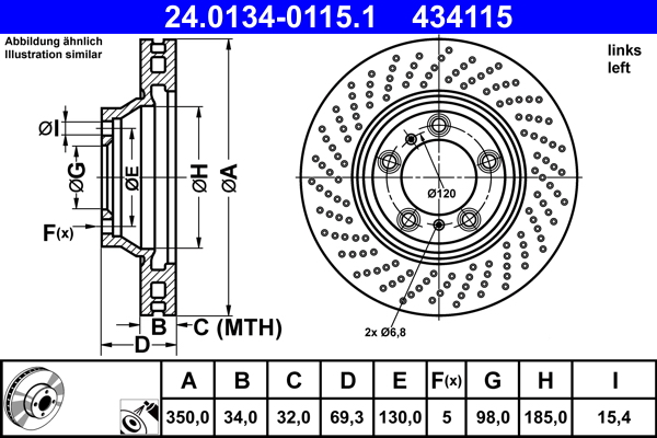 ATE Bremseskive 24013401151 perforeret/ventileret 350mm 34mm for PORSCHE