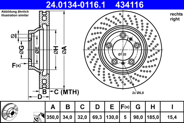 ATE Bremseskive 24013401161 perforeret 350mm 34mm for PORSCHE