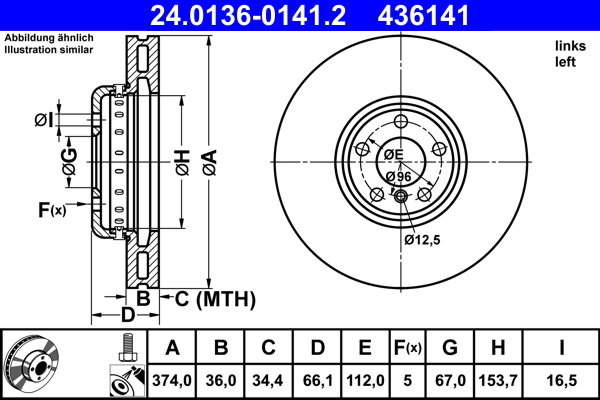 ATE Bremseskive 24013601412 ventileret 374mm 36mm for BMW