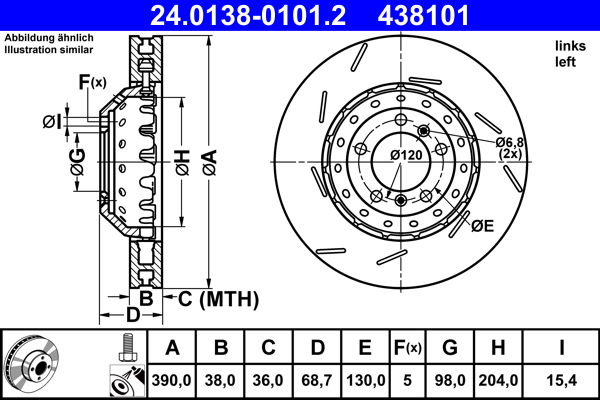 ATE Bremseskive 24013801012 ventilationsslids 390mm 38mm for PORSCHE