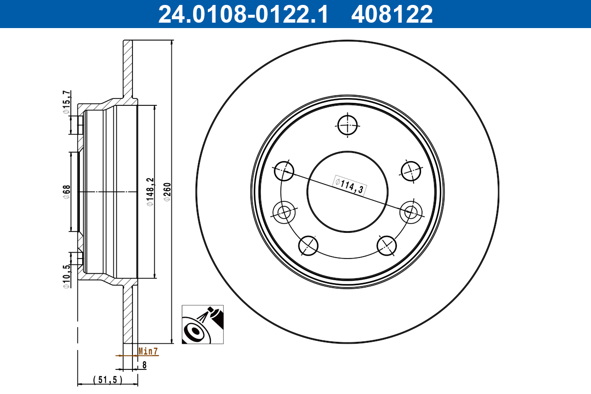 ATE Bremseskive 24010801221 fuld 260mm 8mm for MITSUBISHI NISSAN RENAULT