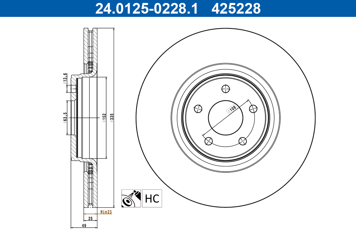ATE Bremseskive 24012502281 ventileret 335mm 25mm for FORD
