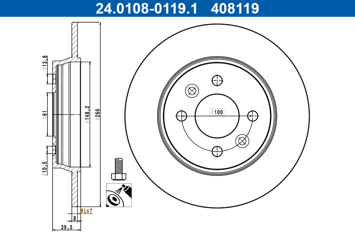 ATE Bremseskive 24010801191 fuld 260mm 8mm for RENAULT