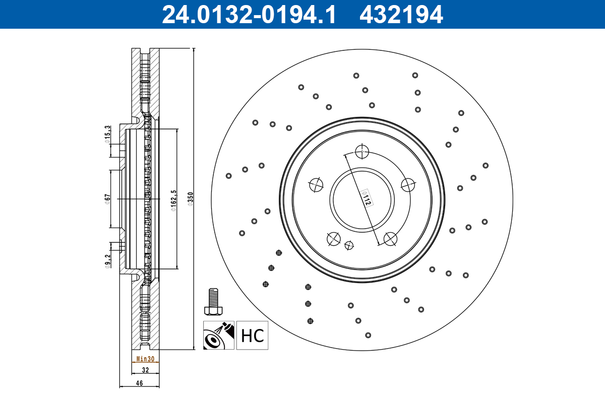 ATE Bremseskive 24013201941 perforeret 350mm 32mm for MERCEDES-BENZ