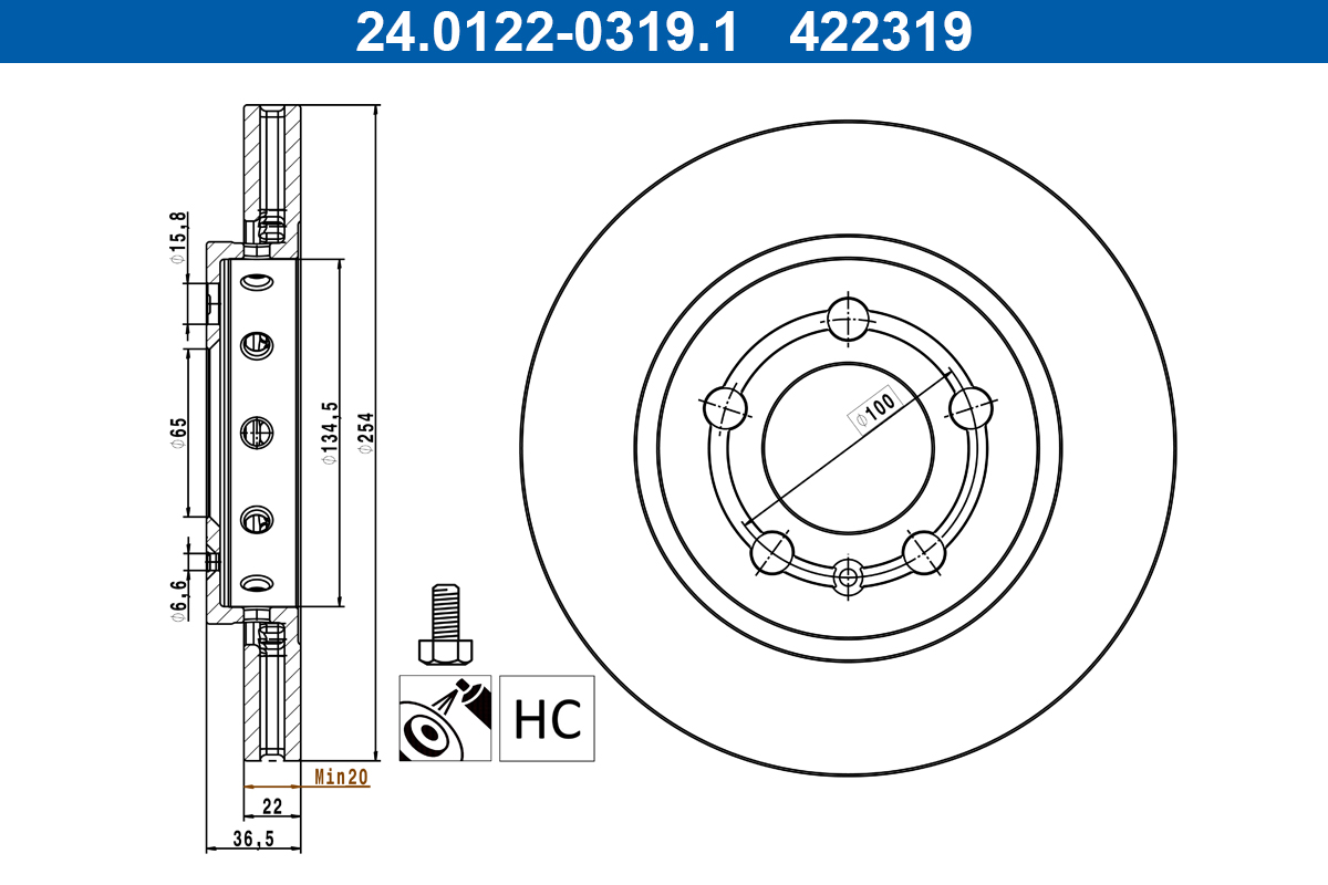 ATE Bremseskive 24012203191 ventileret 254mm 22mm for VAG