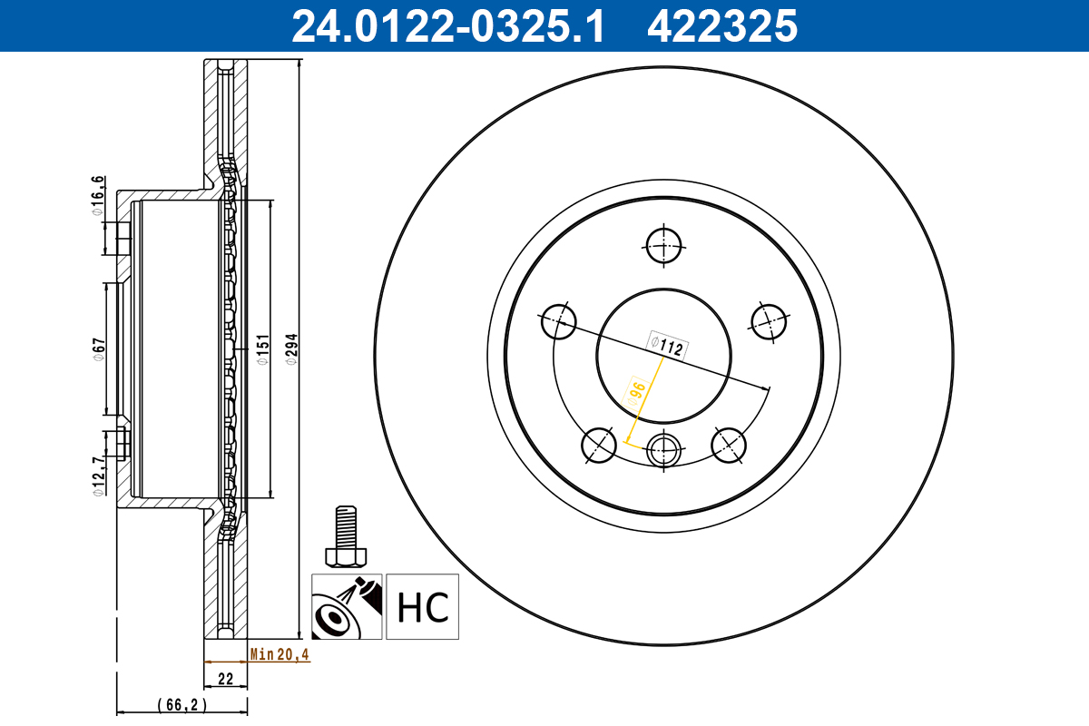 ATE Bremseskive 24012203251 ventileret 294mm 22mm for BMW