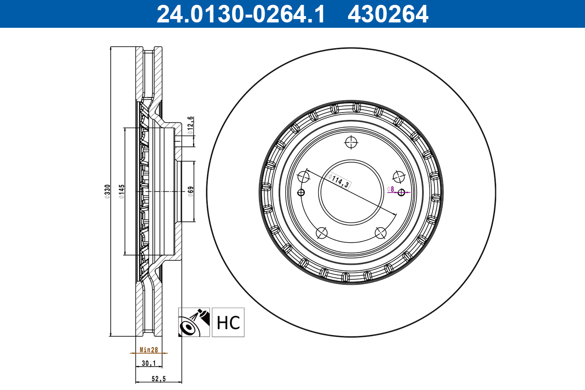 ATE Bremseskive 24013002641 ventileret 330mm 30mm for HYUNDAI