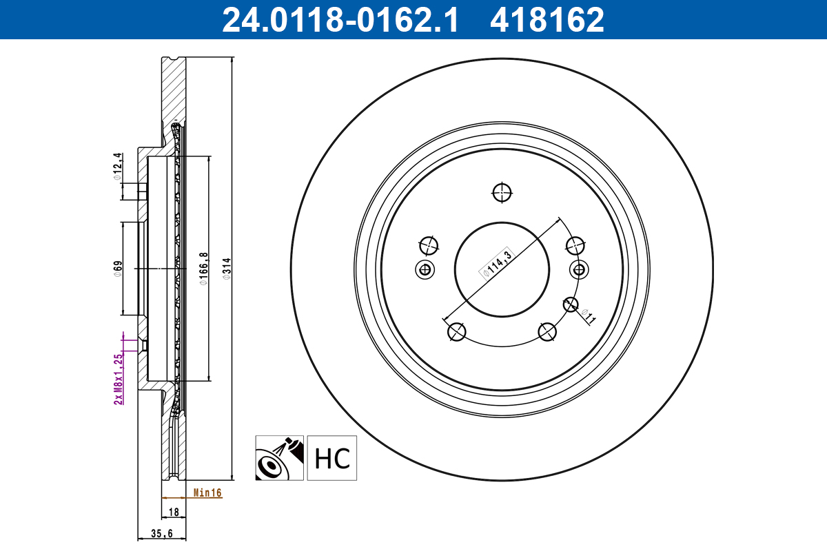 ATE Bremseskive 24011801621 ventileret 314mm 18mm for HYUNDAI