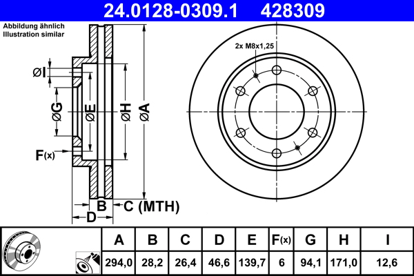 ATE Bremseskive 24012803091 ventileret 294mm 28mm for FIAT MITSUBISHI