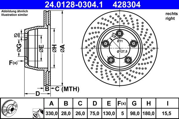 ATE Bremseskive 24012803041 perforeret/ventileret 330mm 28mm for PORSCHE