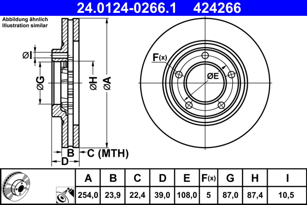 ATE Bremseskive 24.0124-0266.1 ventileret 254mm 24mm for MITSUBISHI