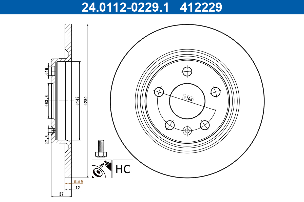 ATE Bremseskive 24011202291 fuld 280mm 12mm for VOLVO
