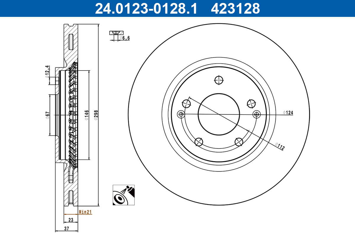 ATE Bremseskive 24012301281 ventileret 298mm 23mm for SSANGYONG
