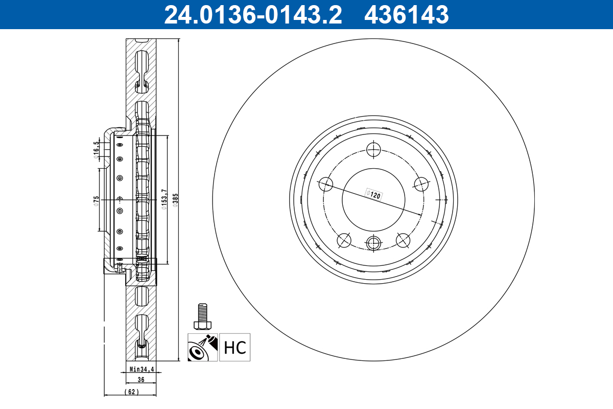 ATE Bremseskive 24013601432 ventileret 385mm 36mm for BMW
