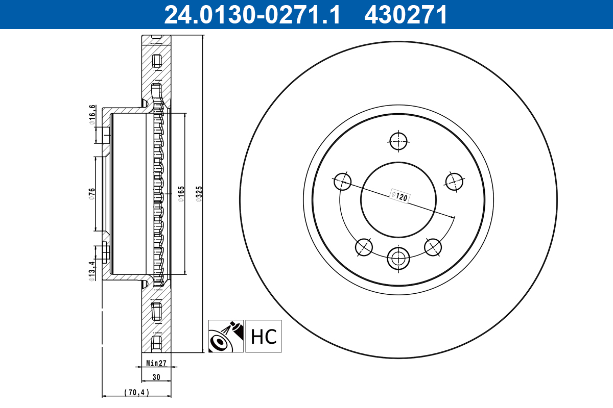 ATE Bremseskive 24013002711 ventileret 325mm 30mm for MAN VAG