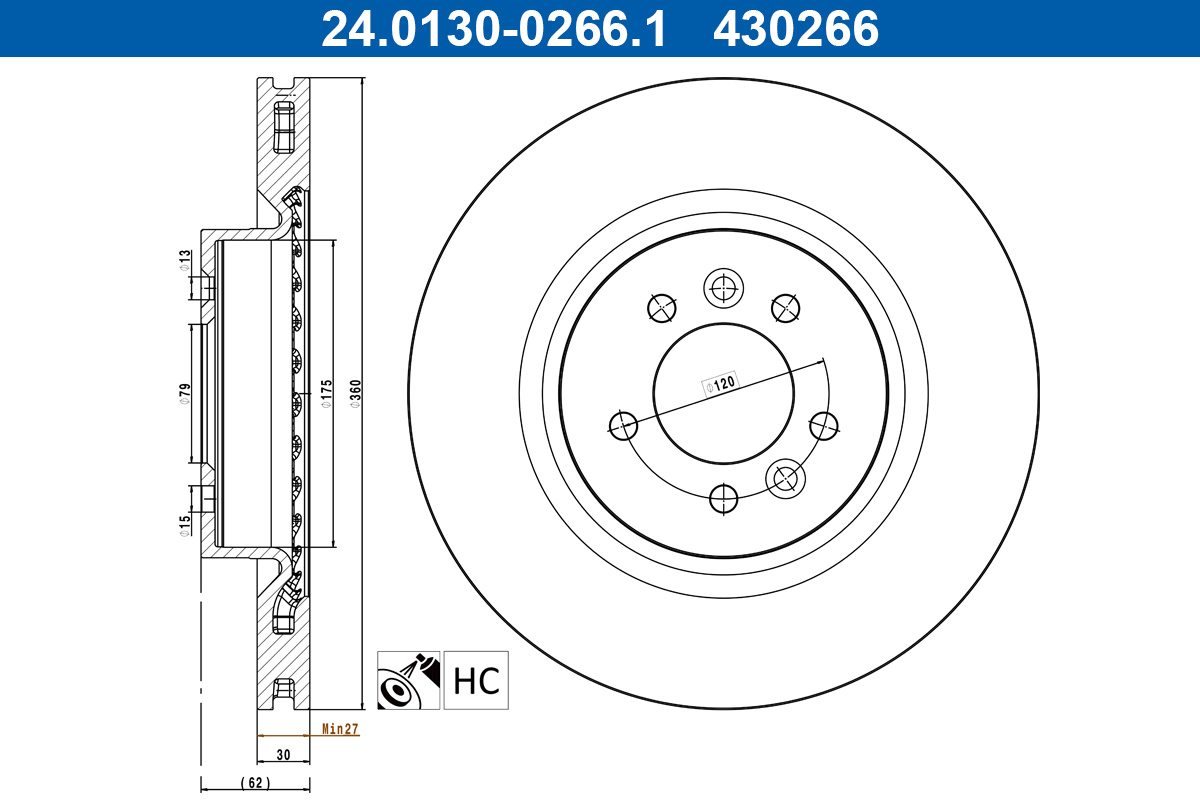 ATE Bremseskive 24013002661 ventileret 360mm 30mm for LAND ROVER