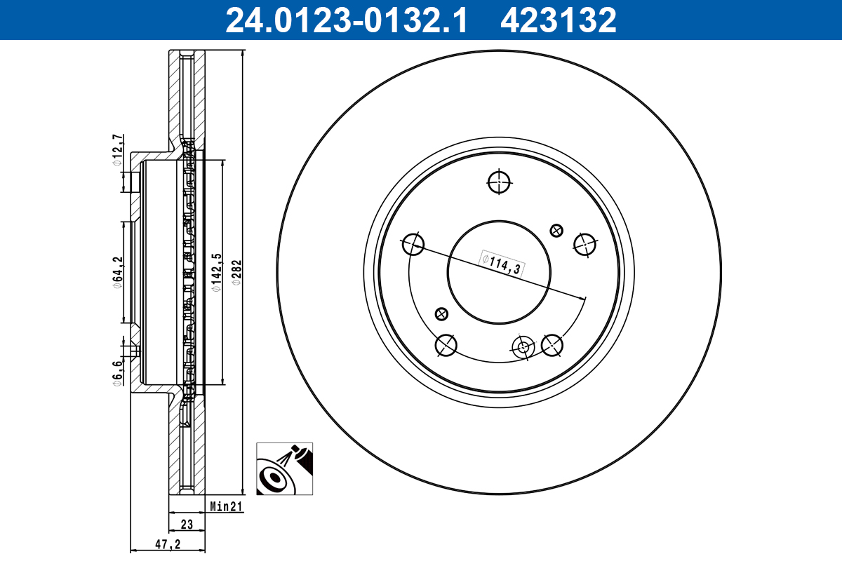 ATE Bremseskive 24012301321 ventileret 282mm 23mm for HONDA