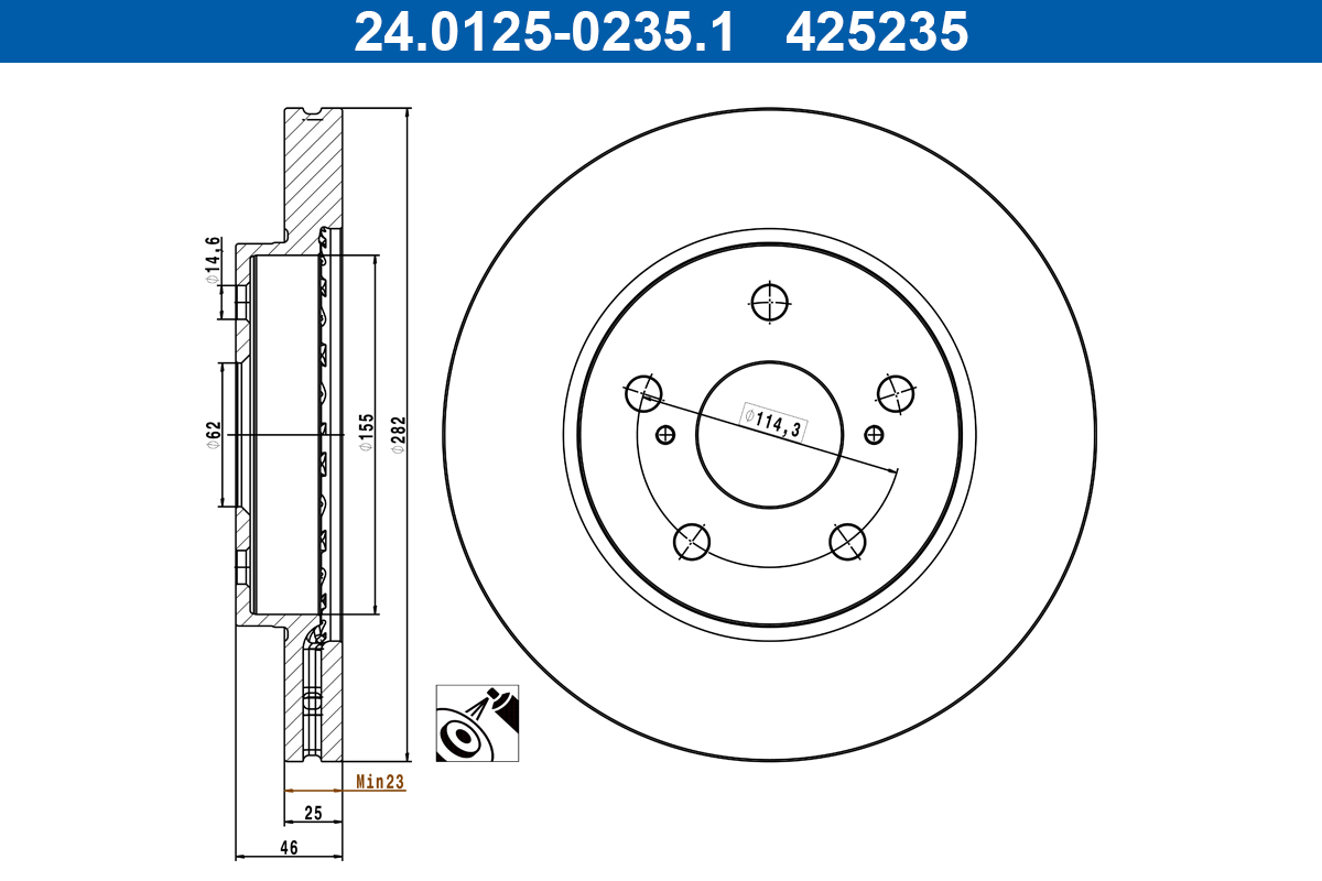 ATE Bremseskive 24.0125-0235.1 ventileret 282mm 25mm for SUZUKI TOYOTA