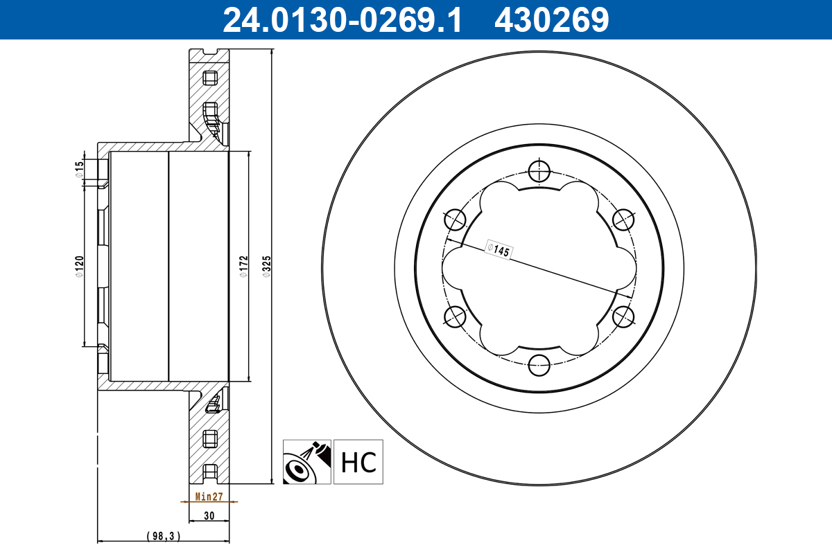 ATE Bremseskive 24013002691 ventileret 325mm 30mm for MAN VAG