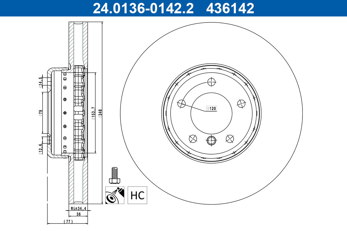 ATE Bremseskive 24013601422 ventileret 348mm 36mm for BMW