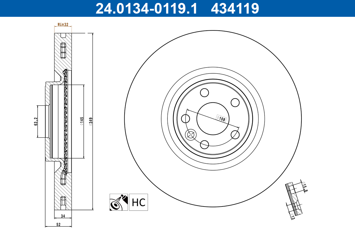 ATE Bremseskive 24013401191 ventileret 349mm 34mm for JAGUAR LAND ROVER
