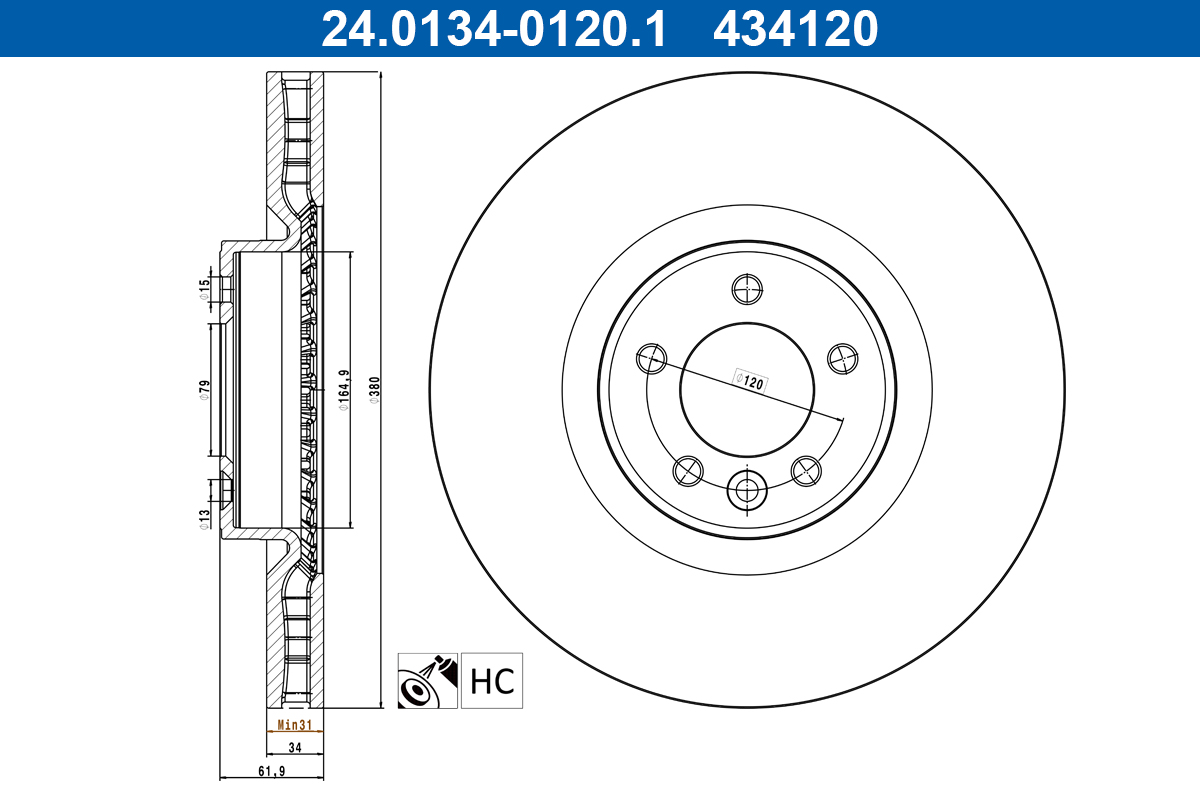 ATE Bremseskive 24013401201 ventileret 380mm 34mm for LAND ROVER