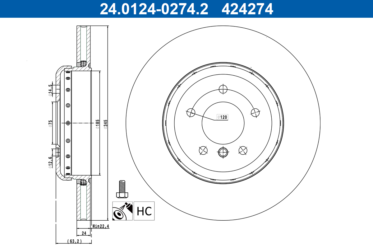 ATE Bremseskive 24012402742 ventileret 345mm 24mm for BMW