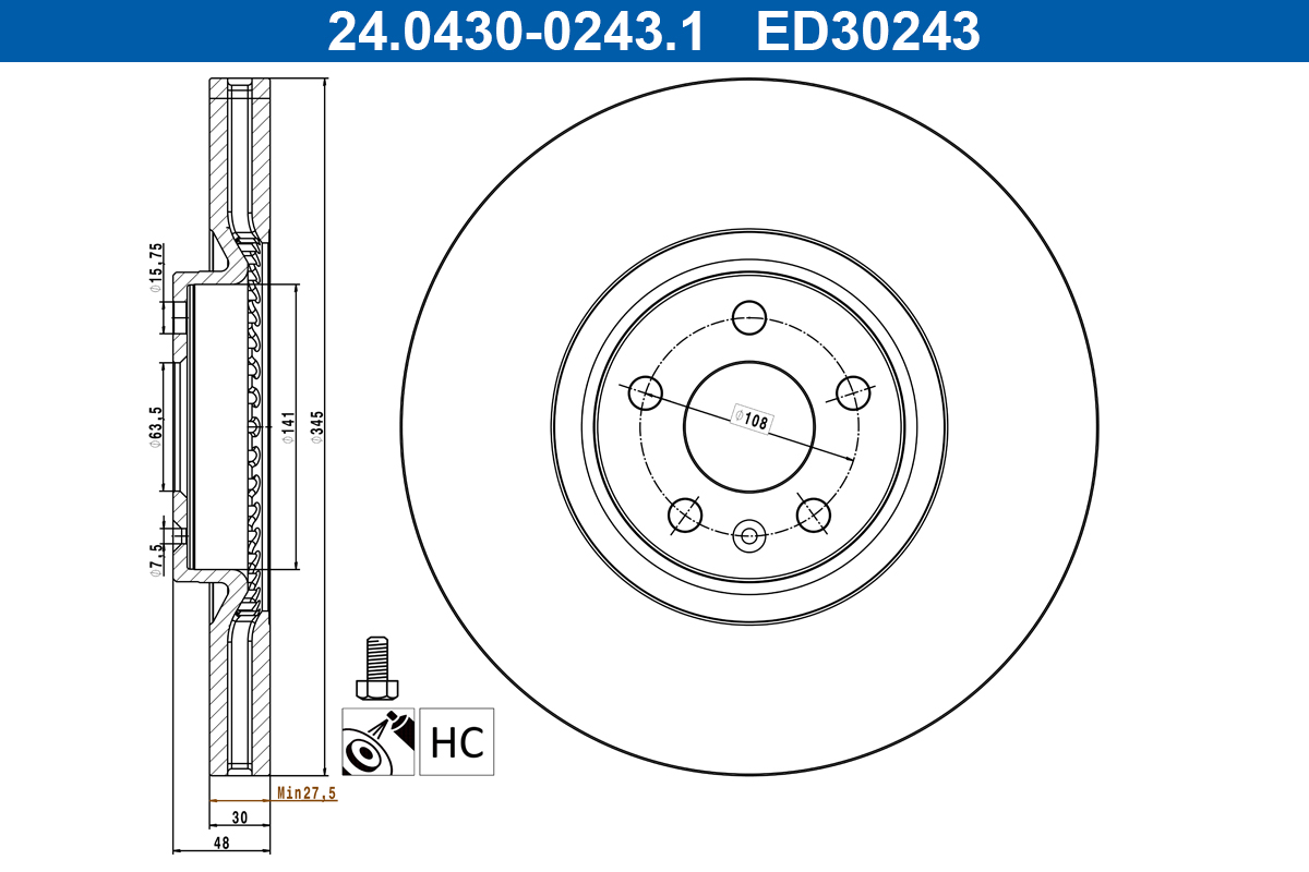 ATE Bremseskive 24043002431 ventileret 345mm 30mm for POLESTAR