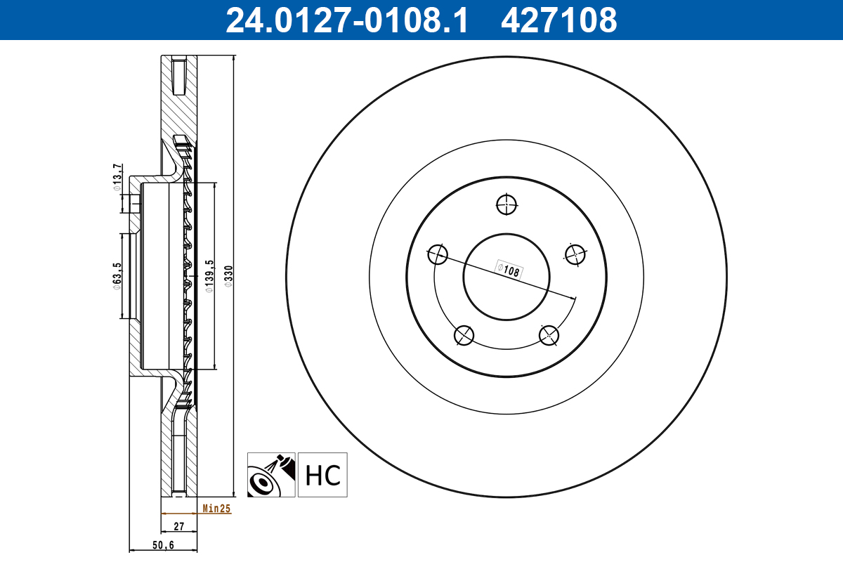 ATE Bremseskive 24012701081 ventileret 330mm 27mm for FORD