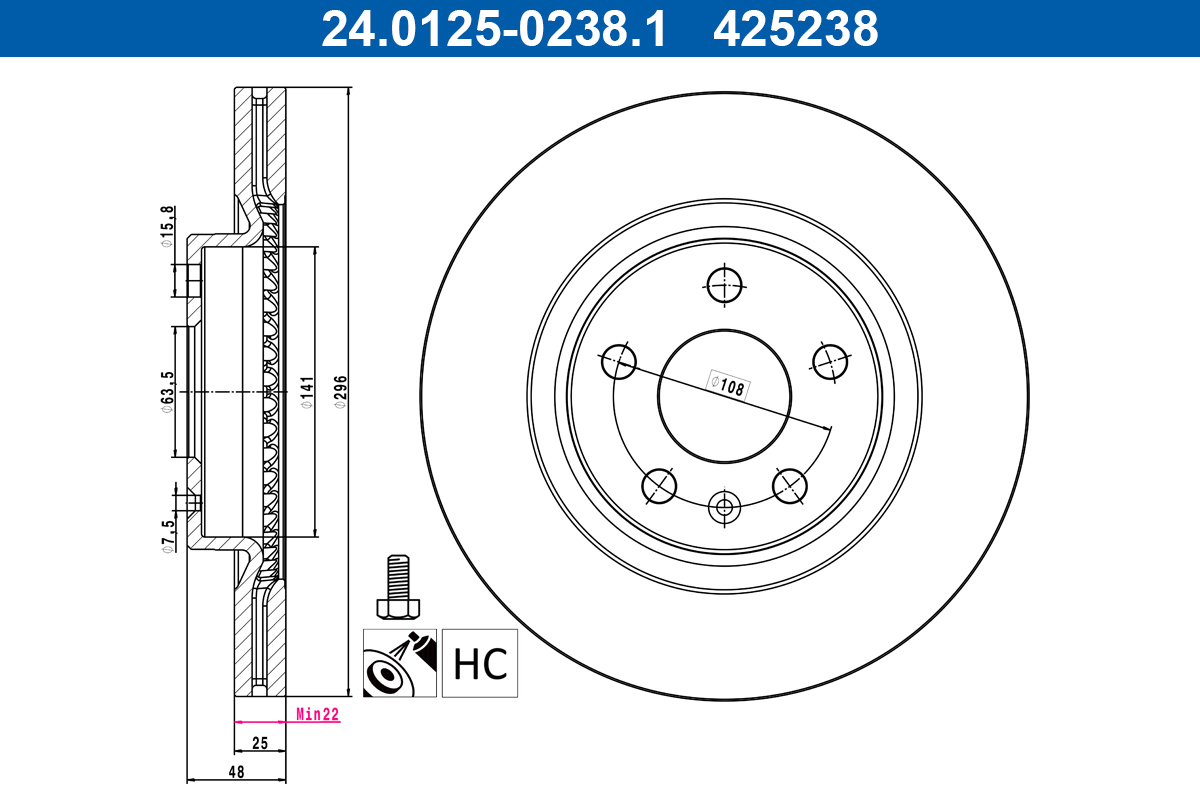 ATE Bremseskive 24.0125-0238.1 ventileret 296mm 25mm for VOLVO