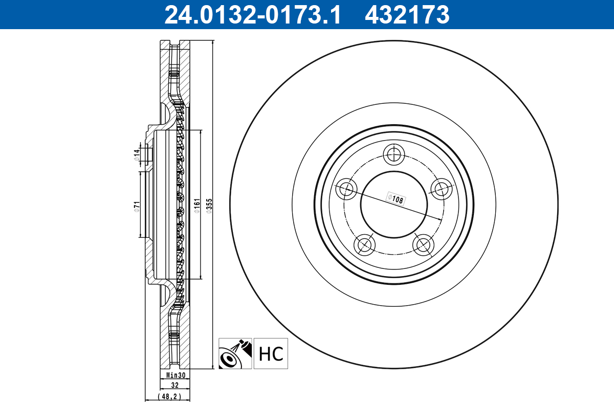 ATE Bremseskive 24.0132-0173.1 ventileret 355mm 32mm for JAGUAR