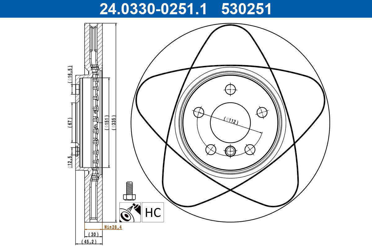ATE Bremseskive 24033002511 ventileret 335mm 30mm for MINI