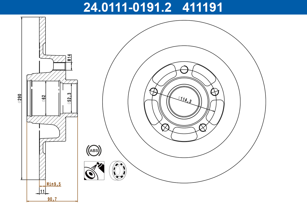 ATE Bremseskive 24.0111-0191.2 fuld 290mm 11mm for RENAULT