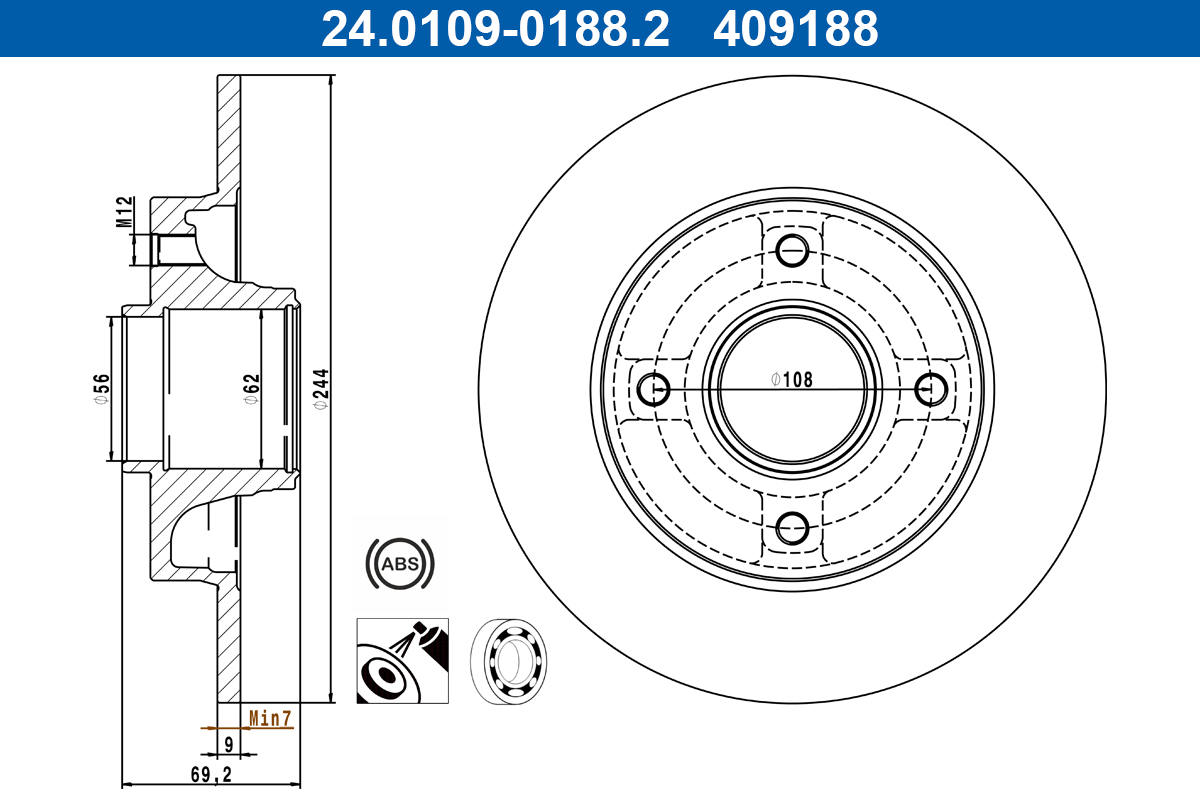 ATE Bremseskive 24010901882 fuld 244mm 9mm for VAUXHALL DS