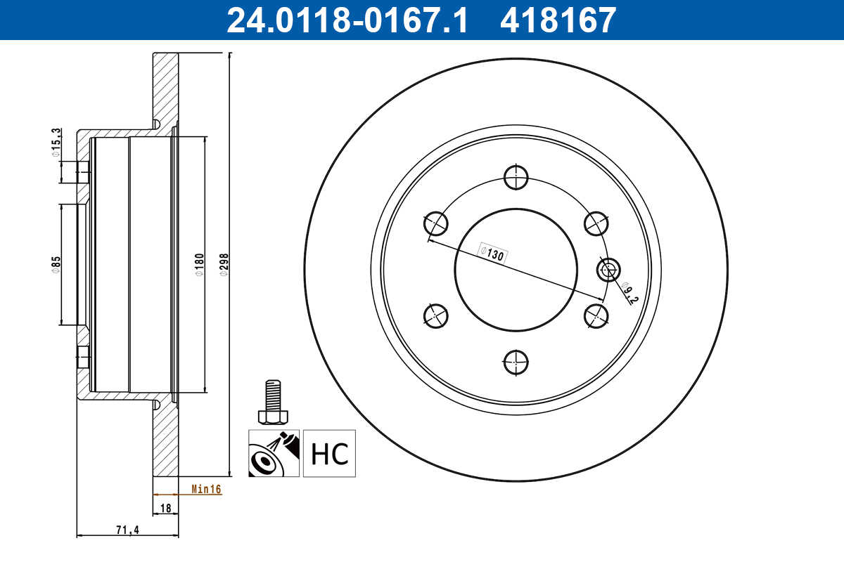 ATE Bremseskive 24.0118-0167.1 fuld 298mm 18mm for MERCEDES-BENZ