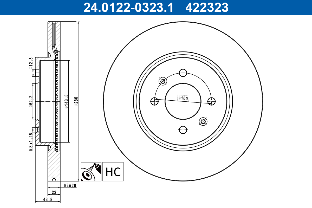 ATE Bremseskive 24.0122-0323.1 ventileret 280mm 22mm for KIA