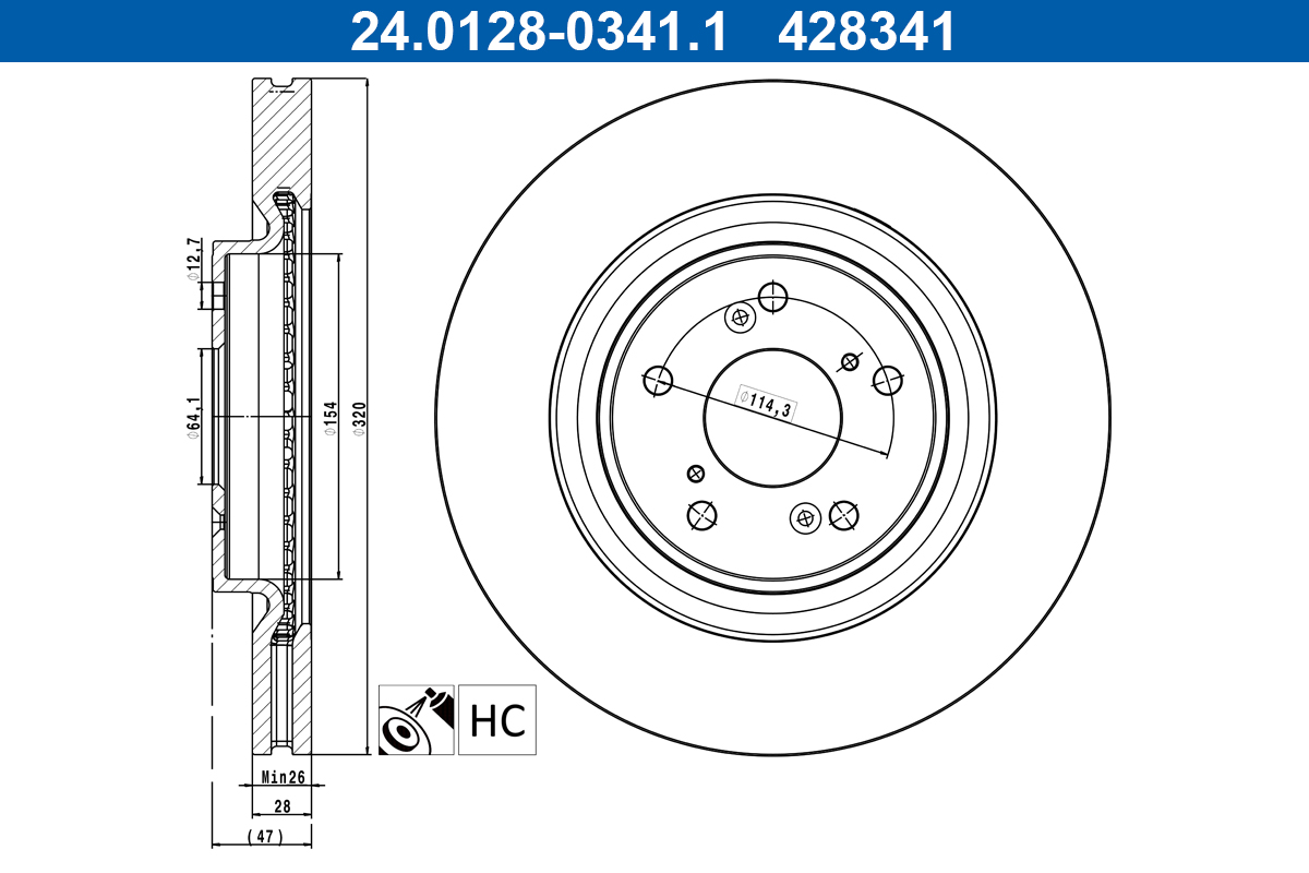 ATE Bremseskive 24.0128-0341.1 ventileret 320mm 28mm for HONDA