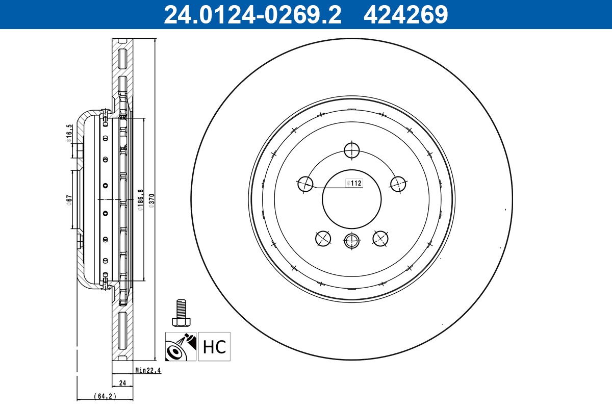 ATE Bremseskive 24.0124-0269.2 ventileret 370mm 24mm for BMW