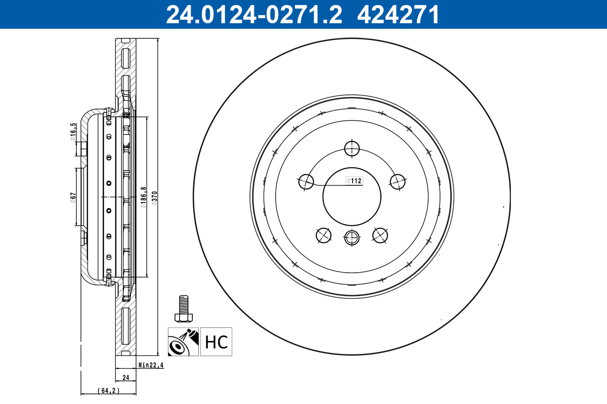 ATE Bremseskive 24012402712 ventileret 370mm 24mm for BMW