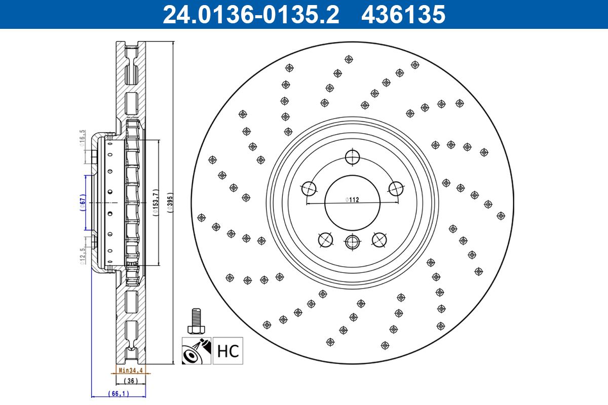 ATE Bremseskive 24.0136-0135.2 perforeret/ventileret 395mm 36mm for BMW