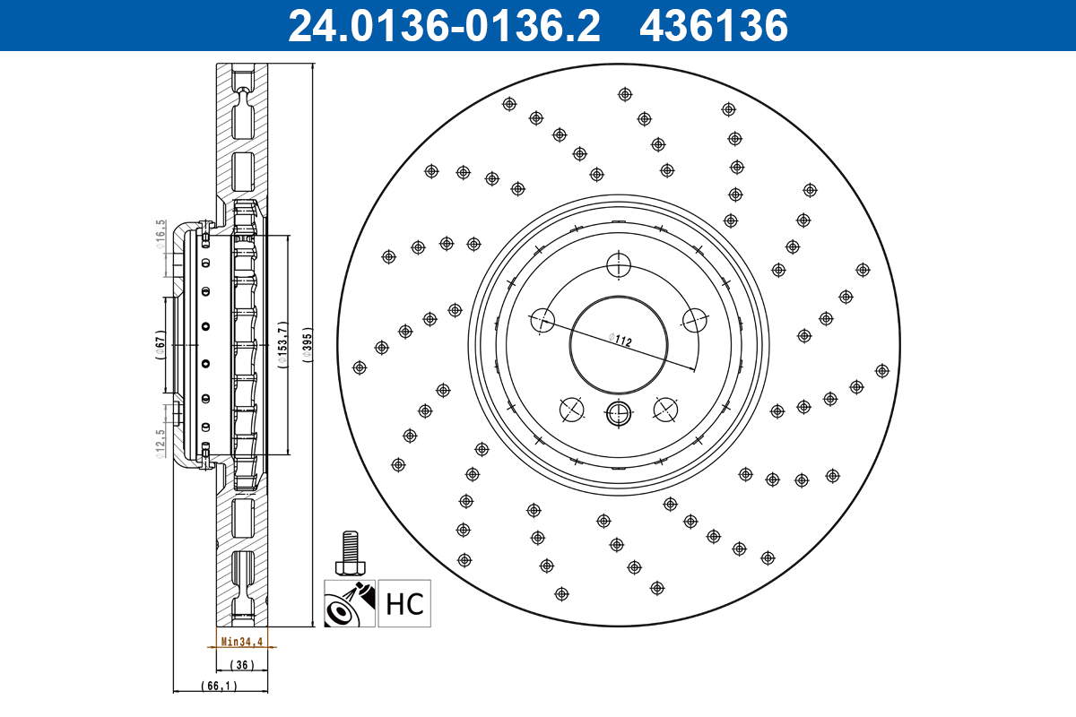 ATE Bremseskive 24.0136-0136.2 perforeret/ventileret 395mm 36mm for BMW