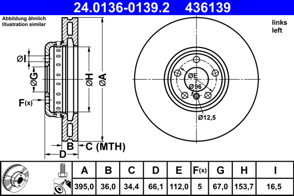 ATE Bremseskive 24.0136-0139.2 ventileret 395mm 36mm for BMW