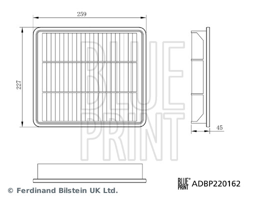 BLUE PRINT Luftfilter adbp220162 Filterindsats length_mm_203|Længde [mm]|259 width_mm_206|Bredde [mm]|227 height_mm_209|Højde [mm]|45 observe_service_