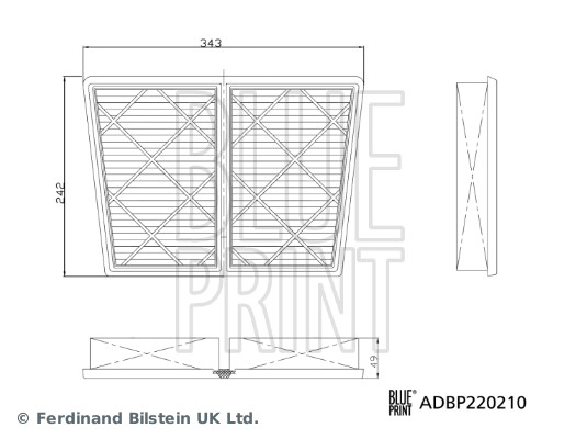 BLUE PRINT Luftfilter adbp220210 Filterindsats length_mm_203|Længde [mm]|348 width_mm_206|Bredde [mm]|242 height_mm_209|Højde [mm]|49 observe_service_