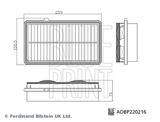 BLUE PRINT Luftfilter adbp220216 Filterindsats length_mm_203|Længde [mm]|259 width_mm_206|Bredde [mm]|155 height_mm_209|Højde [mm]|70 supplementary_ar