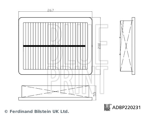 BLUE PRINT Luftfilter adbp220231 Filterindsats length_mm_203|Længde [mm]|267 width_mm_206|Bredde [mm]|208 height_mm_209|Højde [mm]|53 observe_service_