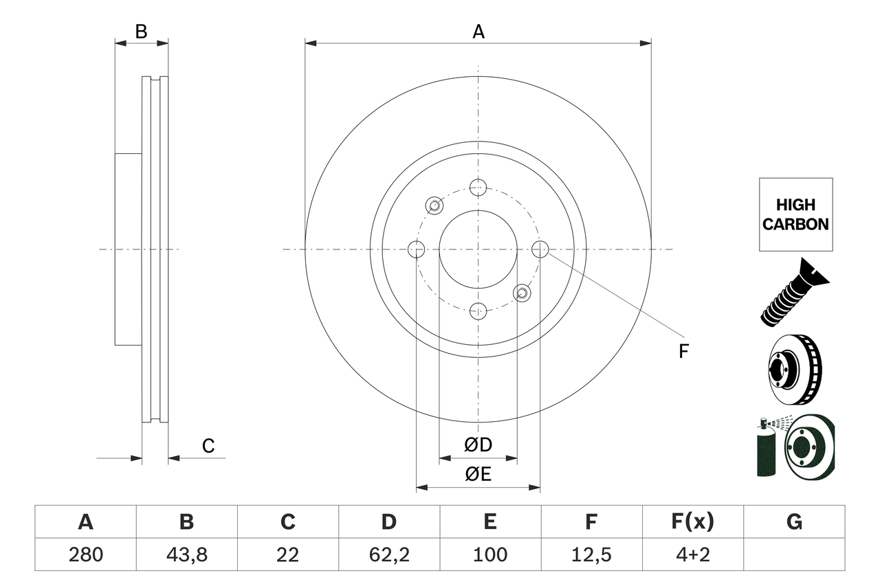 BOSCH Bremseskive 0986479e98 ventileret 280mm 22mm for KIA