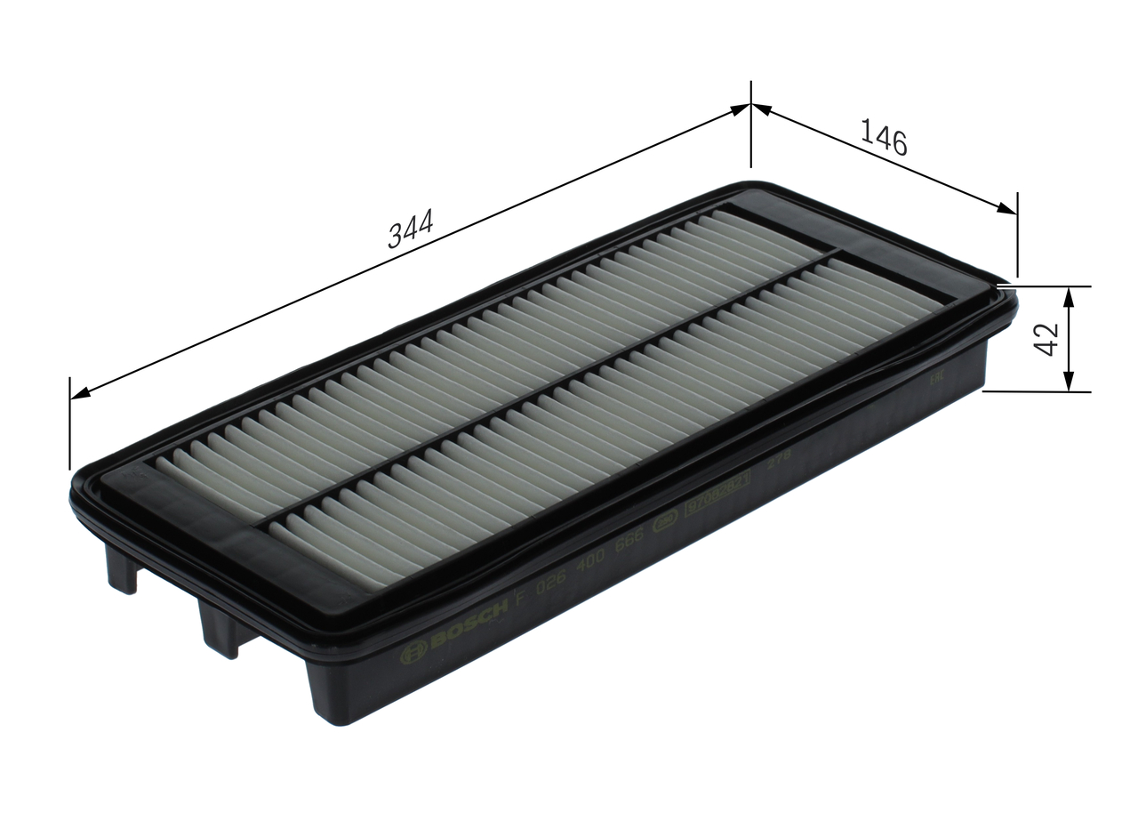 BOSCH Luftfilter F 026 400 666 Filterindsats length_mm_203|Længde [mm]|344 width_mm_206|Bredde [mm]|145 height_mm_209|Højde [mm]|41 41mm for FIAT MAZ
