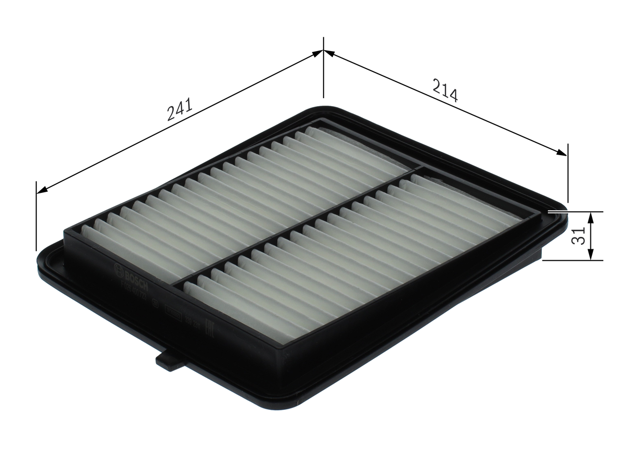 BOSCH Luftfilter f026400723 Filterindsats length_mm_203|Længde [mm]|249 length_1_mm_814|Længde 1 [mm]|214 height_mm_209|Højde [mm]|31 width_mm_206|Bre