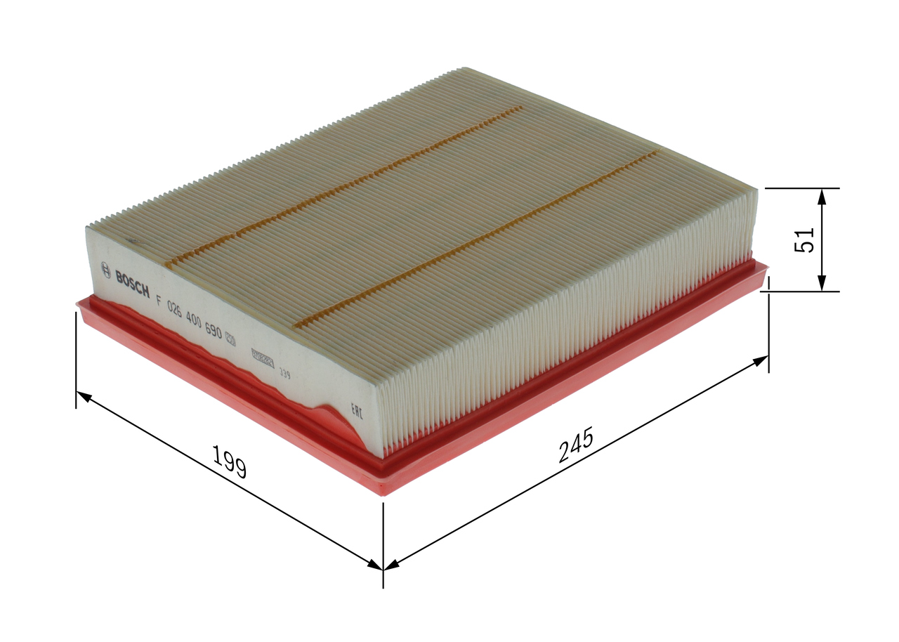 BOSCH Luftfilter f026400690 Filterindsats length_mm_203|Længde [mm]|246 width_mm_206|Bredde [mm]|199 height_mm_209|Højde [mm]|50 50mm for FORD